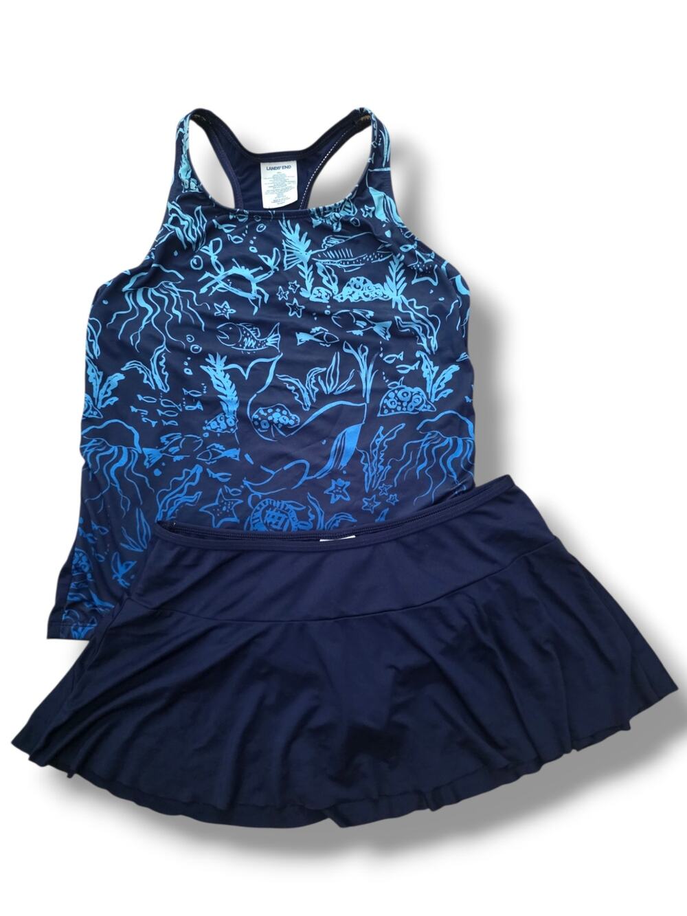 Lands' End Girls 10+ Tankini Swimsuit Set Racerback Sealife Navy Skirt